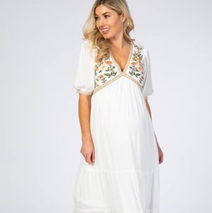 Maternity Dress - White with floral embroidery
